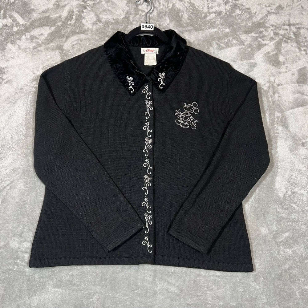 Vintage Disney Lambswool Cardigan Women XXL‎ Black Embroider Mickey Y2K Retro